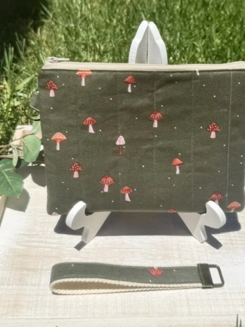 Handmade Quilted Mushroom Pouch, Cottagecore Cosmetic Bag, Woodland Travel Organ